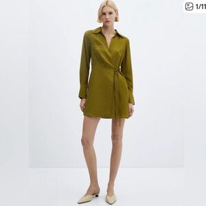 Mango Olive Bow Wrap Long Sleeve Dress